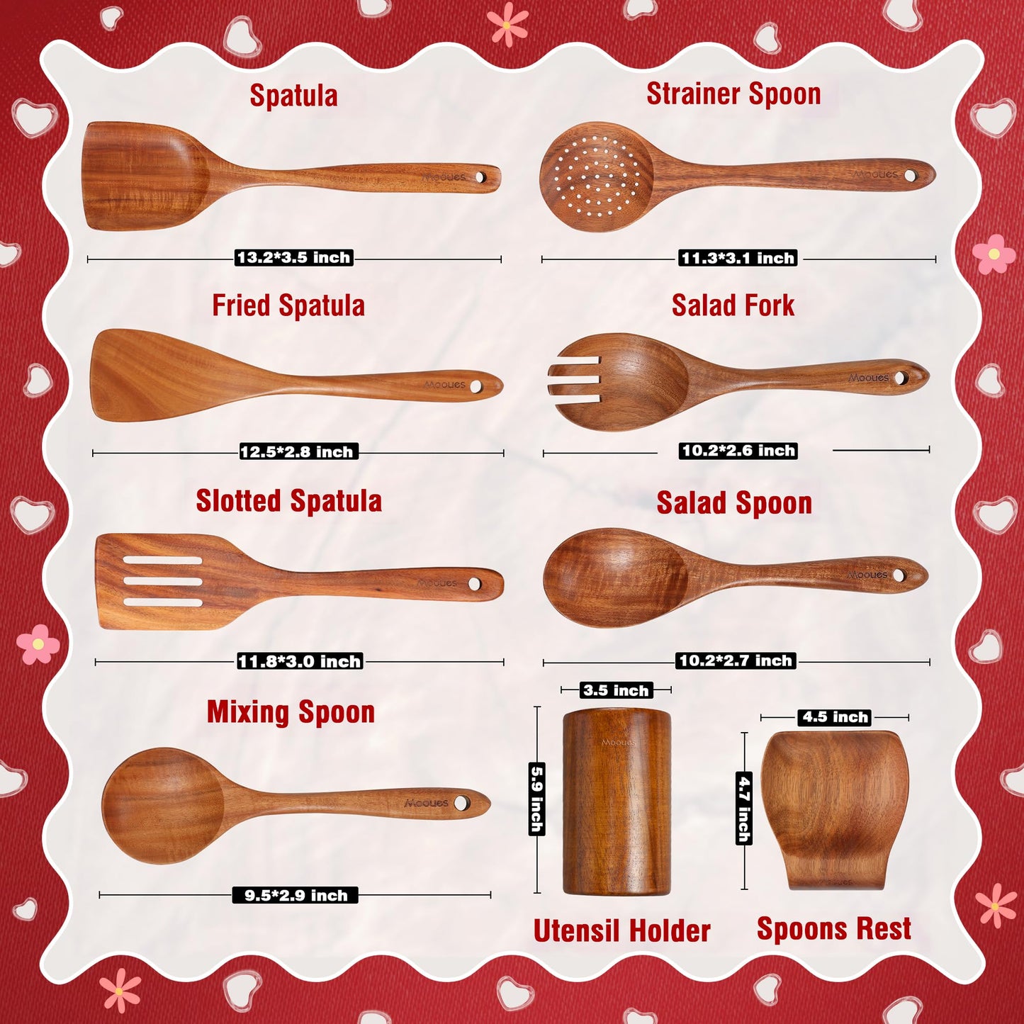 9 Piece Wooden Spoons for Cooking, Teak Wooden Kitchen Utensils Set with Spoon Rest, NonStick Comfort Grip Wooden Spatula Set and Cooking Utensils Holder