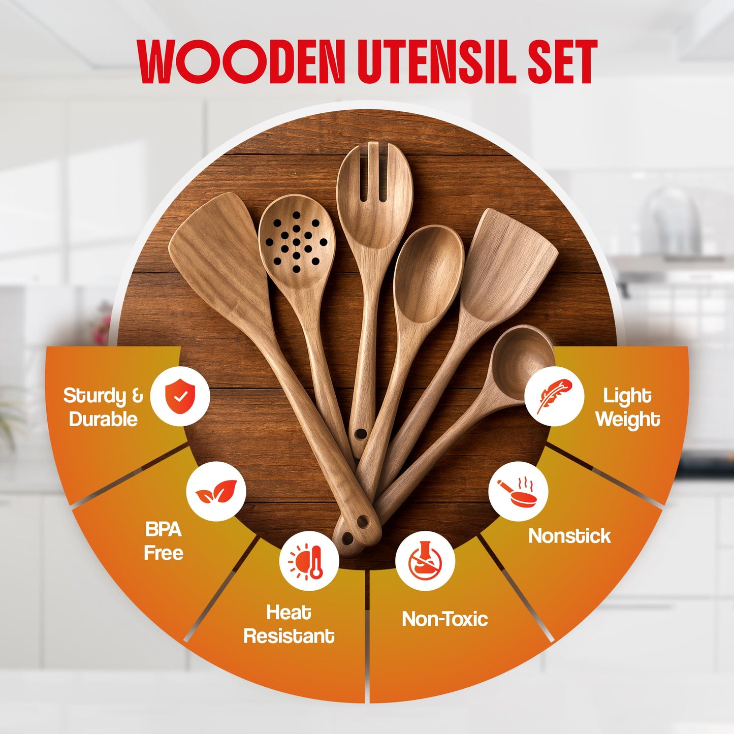 6 Piece Wooden Spoons for Cooking, Acacia Wood Kitchen Cooking Utensil Set for Nonstick Pans and Cookware | Wooden Spatulas & Spoons | Smooth Finish, Comfort Grip, Lightweight, Heat Resistant