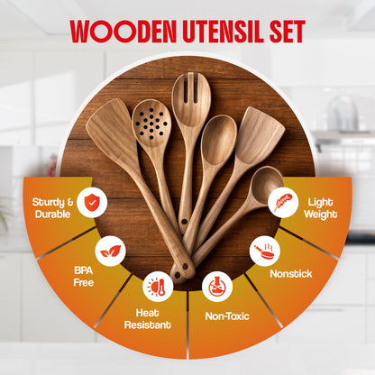 6 Piece Wooden Spoons for Cooking, Acacia Wood Kitchen Cooking Utensil Set for Nonstick Pans and Cookware | Wooden Spatulas & Spoons | Smooth Finish, Comfort Grip, Lightweight, Heat Resistant