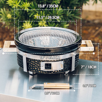 Onlyfire Ceramic Hibachi Charcoal Grill with Grid Lifter, 14" Portable BBQ Yakitori Grill with Stainless Steel Grate for Outdoor Patio Backyard Barbecue Cooking, GS305