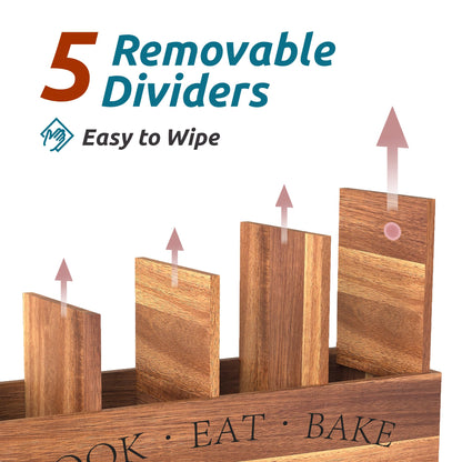 Suli Acacia Wood Utensil Holder for Kitchen Counter,Extra Large Utensils Holder with 4 Compartments,Caddy Organizer for Countertop, Farmhouse Kitchen Decor, Rustic Cooking Utensil