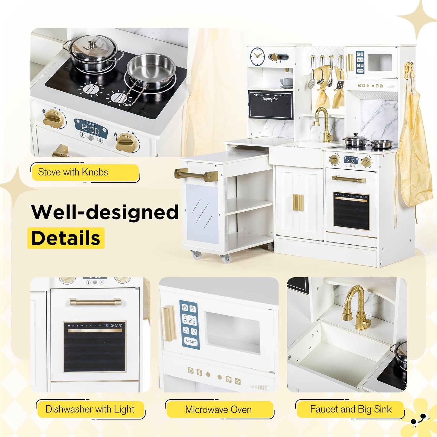 BRINJOY Kids Play Kitchen with Removable Cart, Wooden Toddler Kitchen Playset with Oven, Stove, Sink, Coffee Maker, Pretend Play Toy Kitchen Set for Children Boys Girls Ages 3