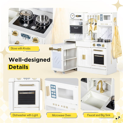 BRINJOY Kids Play Kitchen with Removable Cart, Wooden Toddler Kitchen Playset with Oven, Stove, Sink, Coffee Maker, Pretend Play Toy Kitchen Set for Children Boys Girls Ages 3