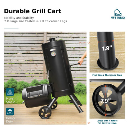 MFSTUDIO Vertical Offset Smoker Charcoal Grill,Extra Large BBQ Barrel Grills and Drum Smoker Combo with hanging racks and 5 removable grates for Smoking,ourdoor barbecue cooking,961 SQ.IN.Area