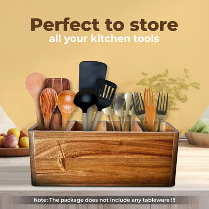 Dstuff Large Kitchen Utensil Holder Organizer for Counter or Countertop, Wooden Storage Container for Cooking and Silverware, Acacia Rustic Wood (4 Compartments)