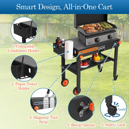 Grill Table Stand Cart for Blackstone Griddle - Universal Foldable Design Fits 17-22 Inch Grills and 12" Pizza Ovens, 20s Setup, 4 Wheels, Magnetic Strip etc (Camping, Backyard Cooking Accessories)