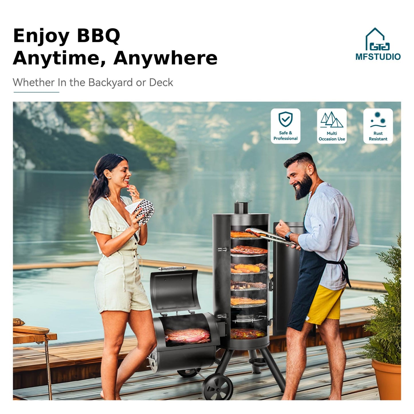 MFSTUDIO Vertical Offset Smoker Charcoal Grill,Extra Large BBQ Barrel Grills and Drum Smoker Combo with hanging racks and 5 removable grates for Smoking,ourdoor barbecue cooking,961 SQ.IN.Area