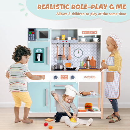 Wooden Play Kitchen for Kids Toddlers, Kitchen Playset with Stove, Oven, Sink, Fridge and Accessories Toy Kitchen Set with Plenty of Play Features, Kids Play Kitchen Designed, Gift for Ages 3+