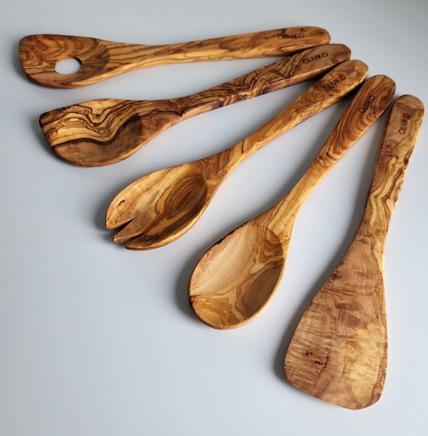 OLIVIKO 100% Olive Wood HAND MADE 5 Spoon Set | Ideal for Nonstick Cookware & Kitchen Utensils | Cooking, Baking & Serving | Eco-friendly & Handmade | 1 Spatulas & 4 Spoons (12-inches)…