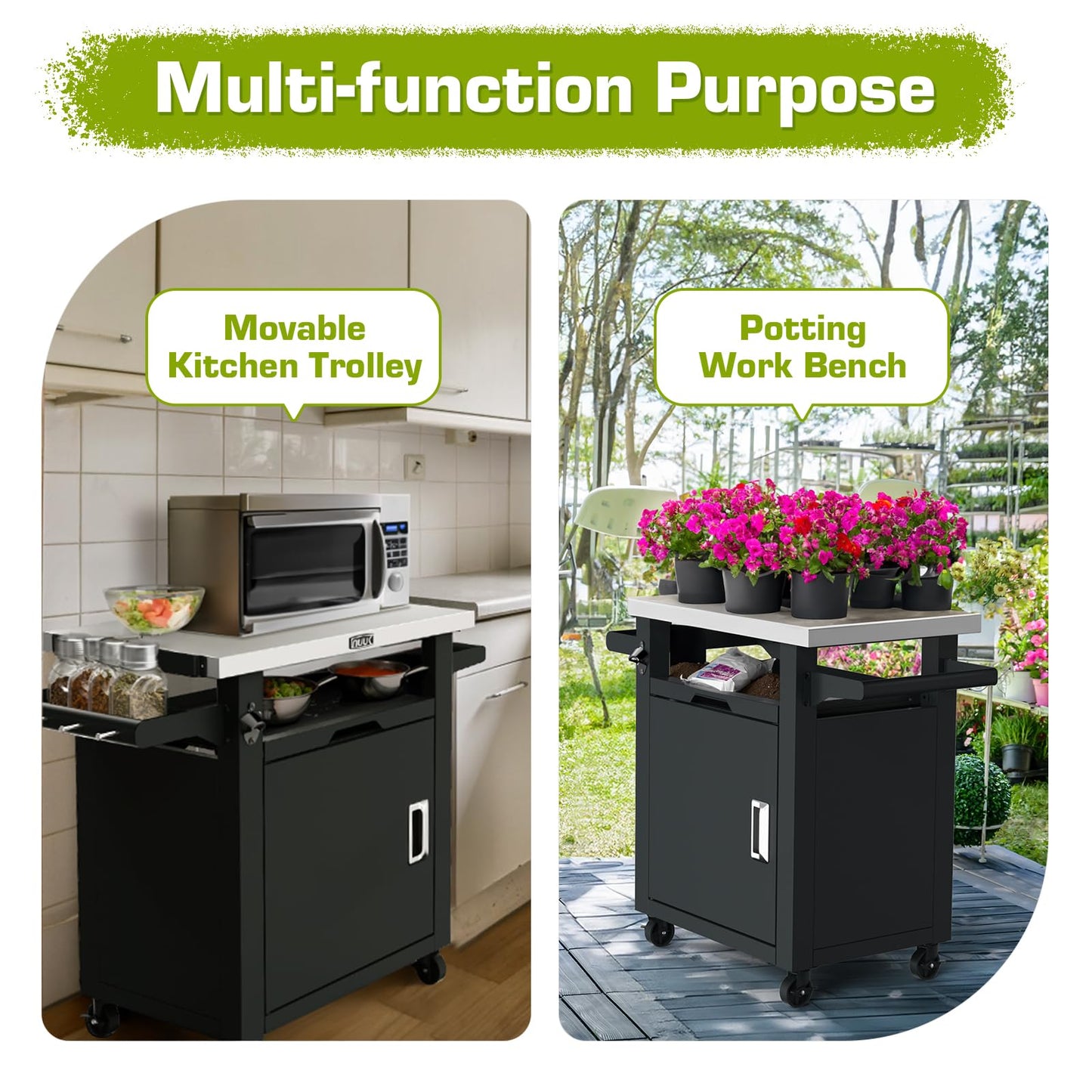 NUUK Grill Carts Outdoor with Enclosed Cabinet and Storage Drawer, Portable Patio Bar Cart with Wheels Stainless Steel Kitchen Storage Island 20" x 30" Rolling Prep Station for BBQ, Deck, Backyard