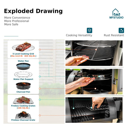 MFSTUDIO Vertical Offset Smoker Charcoal Grill,Extra Large BBQ Barrel Grills and Drum Smoker Combo with hanging racks and 5 removable grates for Smoking,ourdoor barbecue cooking,961 SQ.IN.Area