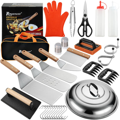 ROMANTICIST Professional Grade Griddle Accessories Kit - 30PCS Flat Top Grill Tools Set for Breakfast, Outdoor Grilling, Teppanyaki - Heavy Duty Griddle Spatula Scraper Burger Press - Ideal Grill Set