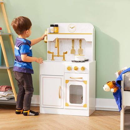 Teamson Kids Versailles Petite Classic Kids Wooden Interactive Play Kitchen, White with Faux White Marble and Gold