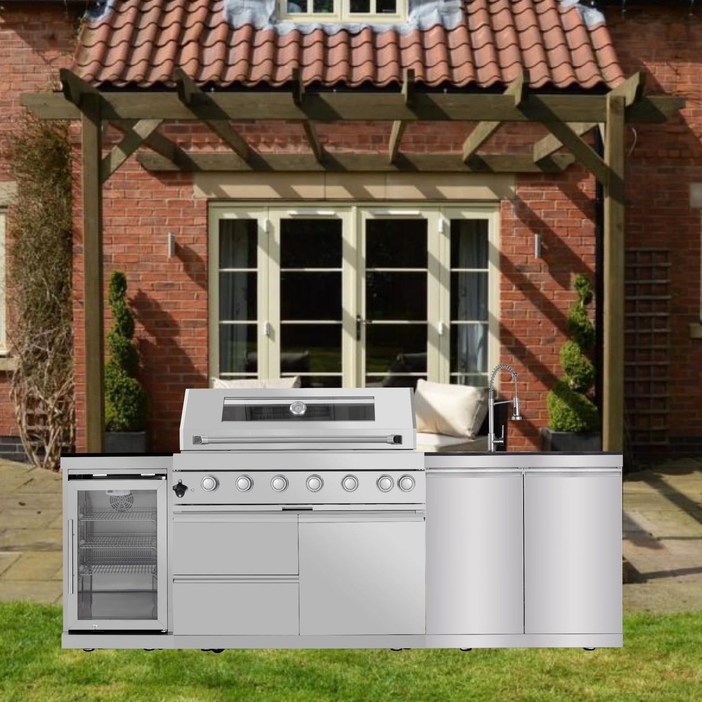 96in Overisized Modular Outdoor Kitchen Bar, 6 Burner 85000 BTU Deluxe Stainless Steel Gas Barbecue Island Kitchen for Backyard w BBQ Grill, Refrigerator, Rotisserie Kit, Countertops, Cabinets, Sink