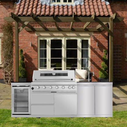 96in Overisized Modular Outdoor Kitchen Bar, 6 Burner 85000 BTU Deluxe Stainless Steel Gas Barbecue Island Kitchen for Backyard w BBQ Grill, Refrigerator, Rotisserie Kit, Countertops, Cabinets, Sink