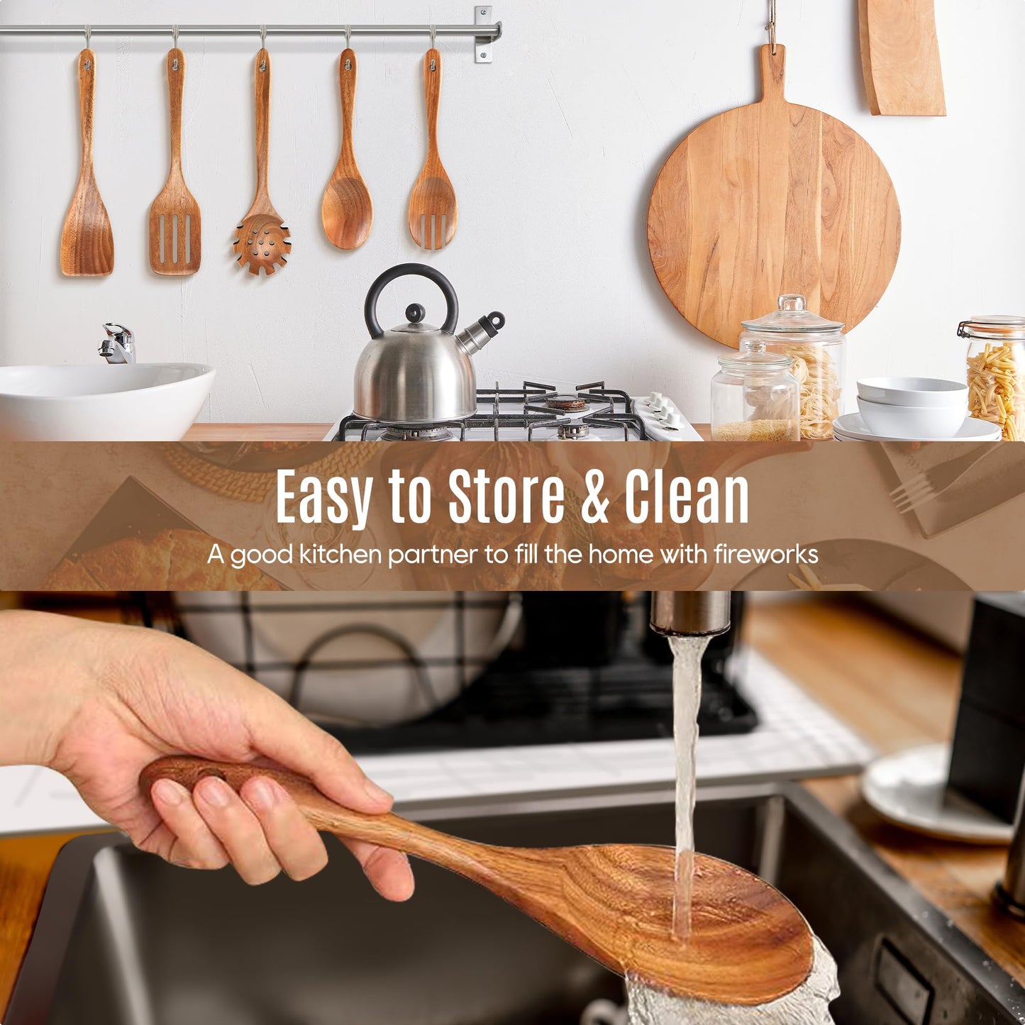 5 PCS Wooden Spoons for Cooking Natural Teak Kitchen Utensils Smooth Non-Stick Surface Cooking Utensils Set Soft Comfort-Grip Wooden Utensils for Cooking