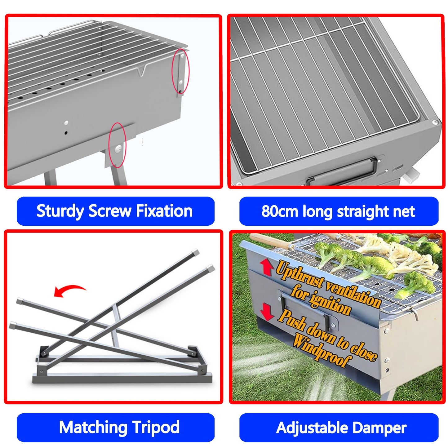 Portable Charcoal Grill, Stainless Steel BBQ Grill with Foldable Stand Adjustable Air Vents, Kebab Skewer BBQ Barbecue Grill Kit for Garden Backyard Party Picnic Travel Outdoor Use (31.6x7.1inch)
