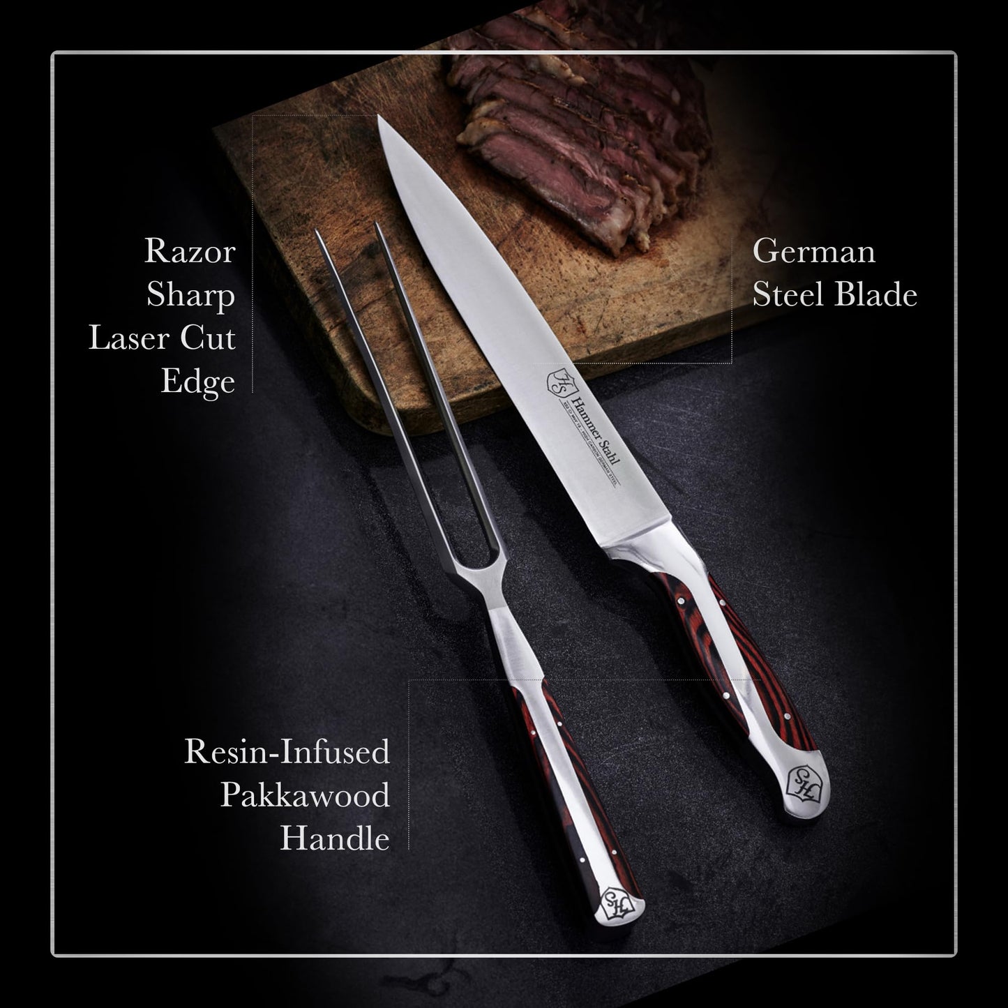 German Forged High Carbon Stainless Steel Carving Knife and Fork Set | Professional Meat Carving Set with Ergonomic Pakkawood Handle