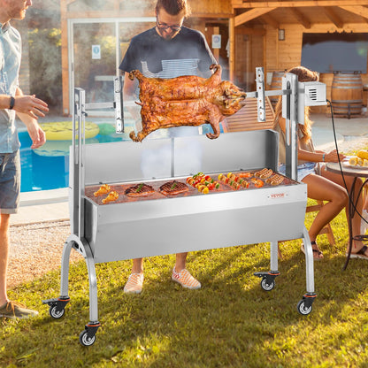 VEVOR Rotisserie Grill with Windscreen, BBQ Whole Pig Lamb Goat Charcoal Spit Grill, 46 Inch 132 Lbs Capacity, Electric 52W Motor Stainless Steel Roaster with Lockable Wheels, for Camping Outdoor