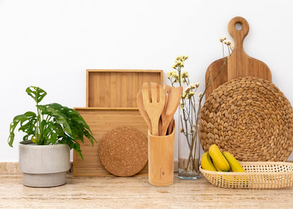 RoyalHouse Wooden Kitchen Utensils Set, 7 Piece Bamboo Cooking Tools and Holder Cooking Spoons and Spatulas, Kitchen Tools, Wood Tool Utensil Sets for Nonstick Pan and Cookware