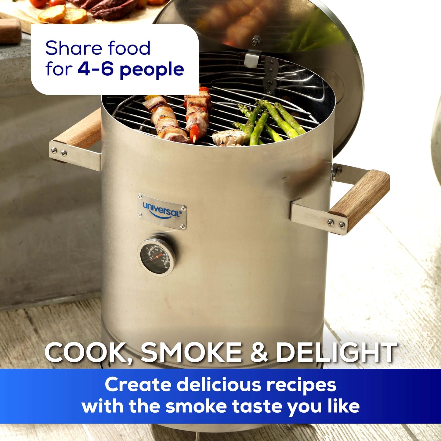 Universal (6-pound) Stainless Steel (Small) Charcoal Barrel Smoker with Thermometer & Airlock system - 16.5"x 21.18" x ⌀11.81", 2 in 1 Vertical Smoker - Grill and Smoker, 6-serving Slow Cooking Smoker