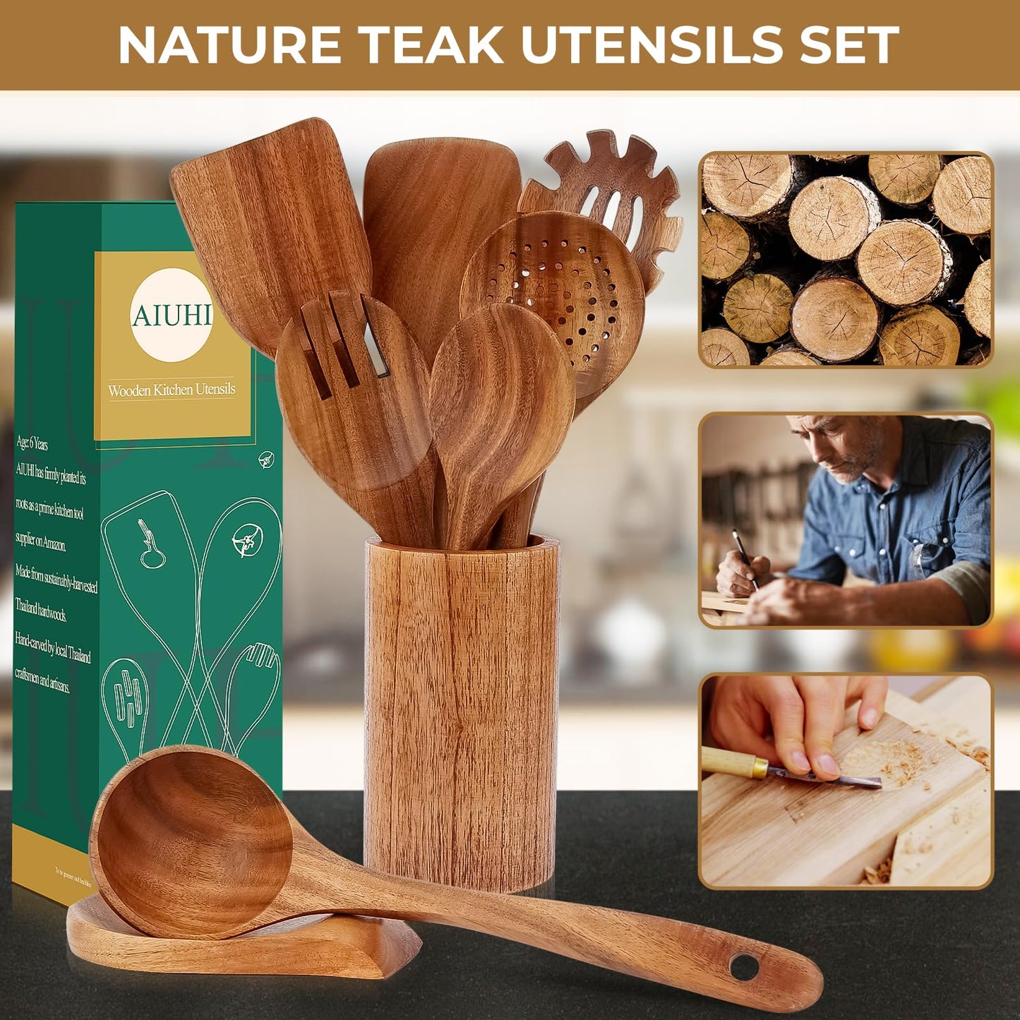 AIUHI 9pcs Wooden Spoons for Cooking, Wooden Kitchen Utensils, Teak Wood Spatulas Utensils set