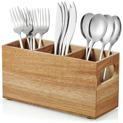 DRASTAR Silverware Holder, Acacia Wooden Utensil Caddy, Silverware Organizer Countertop, Cutlery Holder for Party, Fork Spoon Knife Organizer
