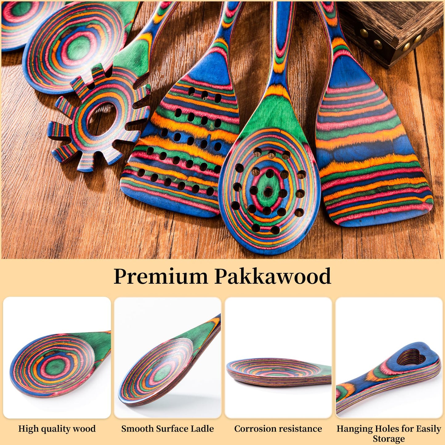 Gudamaye Pakkawood 7-Piece Wooden Cooking Utensils, Wooden Spoons for cooking, Pakkawood kitchen Utensils for Cooking, Non-Stick Spoon, Household Essentials, Heat-Resistant Spoons