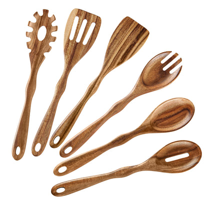 KARRYOUNG Acacia Wood Spoons for Cooking - 6 Piece Non Stick Wooden Spoon Set - with Slotted Spoon, Salad Fork, Spatula, Pasta Server-Natural Wood Kitchen Utensil Sets