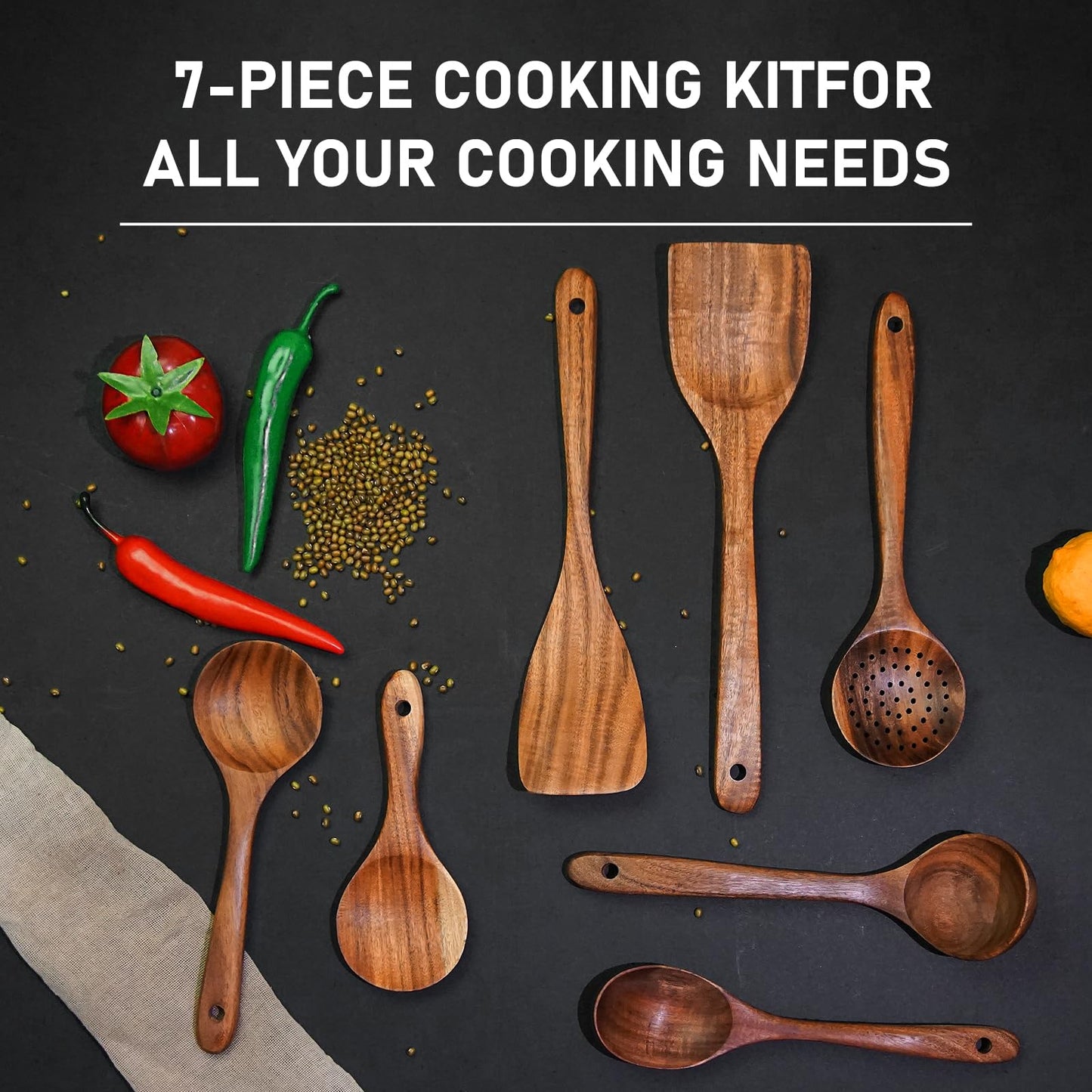 FJNATINH 7-Piece Nonstick Wooden Cooking Utensils Set, Natural and Healthy Kitchen Utensils（7 Pcs）