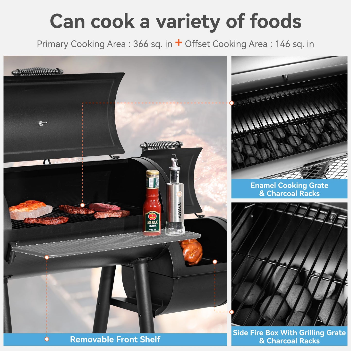 GREEN PARTY BBQ Charcoal Grill with Offset Smoker, 2 in 1 Smoker and Charcoal Grill combo, 512 Square Inch Space Barrel Charcoal Smoker Grill for Outdoor Camping Patio Backyard Cooking, Medium