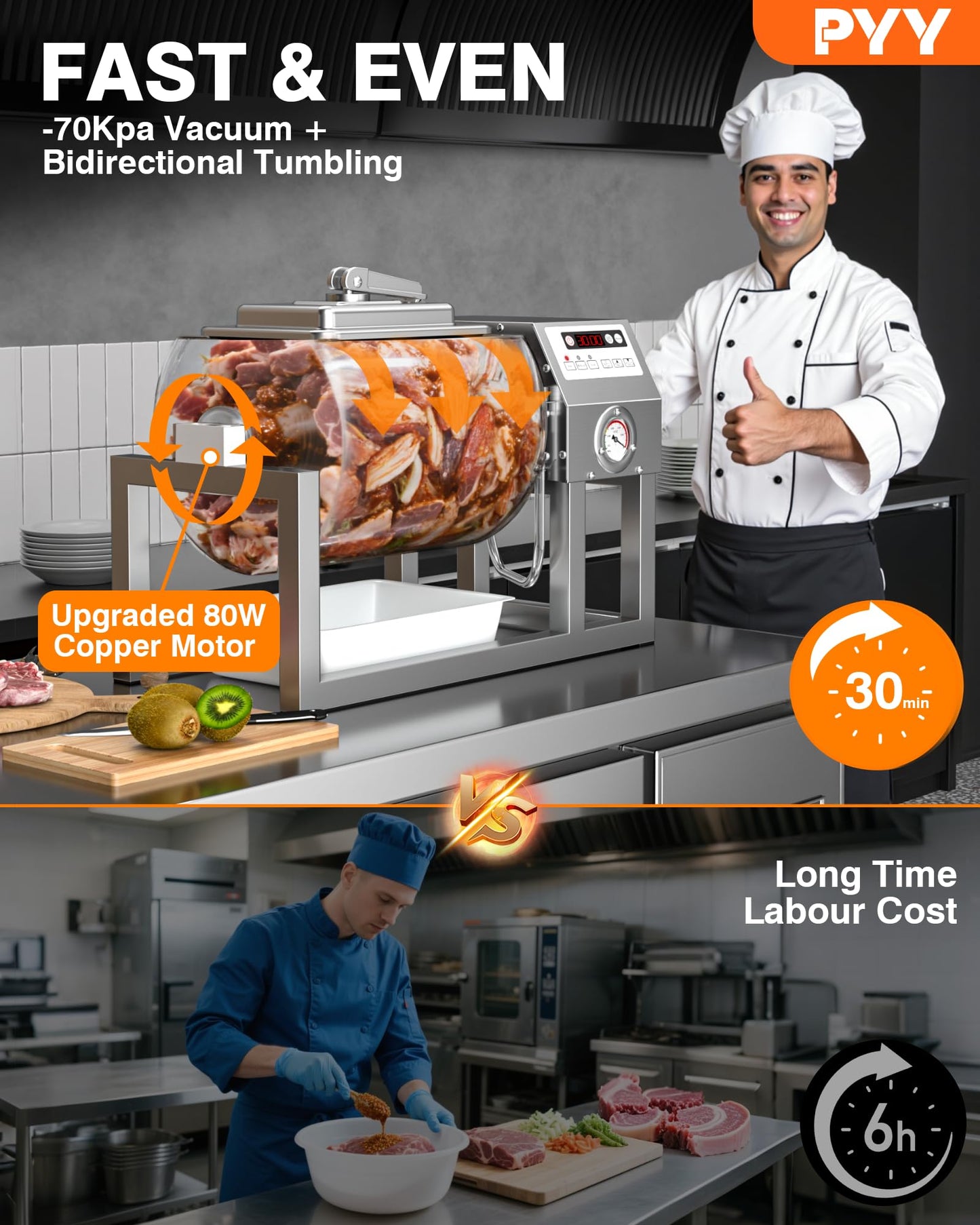 PYY Vacuum Tumbler Marinator - Max.20LBS Commercial Meat Tumbler Marinator w/Pressure Gauge 20L, 30 Minute Fast Marinating, 80W Copper Motor, 3-Speed,Stainless Steel Meat Tumbler for Catering Kitchen