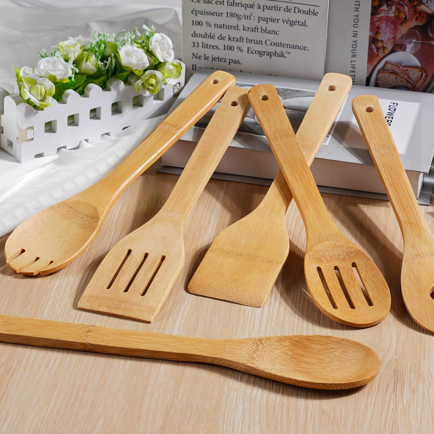 IOOLEEM Bamboo Wooden Spoons for Cooking 6 Pcs 12Inch,Non-Stick Wooden Kitchen Utensils Set,Natural and Durable Wooden Spatula Spoons for Non-Stick Pan for Cooking