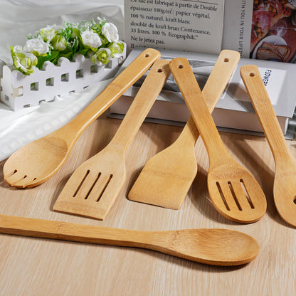 IOOLEEM Bamboo Wooden Spoons for Cooking 6 Pcs 12Inch,Non-Stick Wooden Kitchen Utensils Set,Natural and Durable Wooden Spatula Spoons for Non-Stick Pan for Cooking