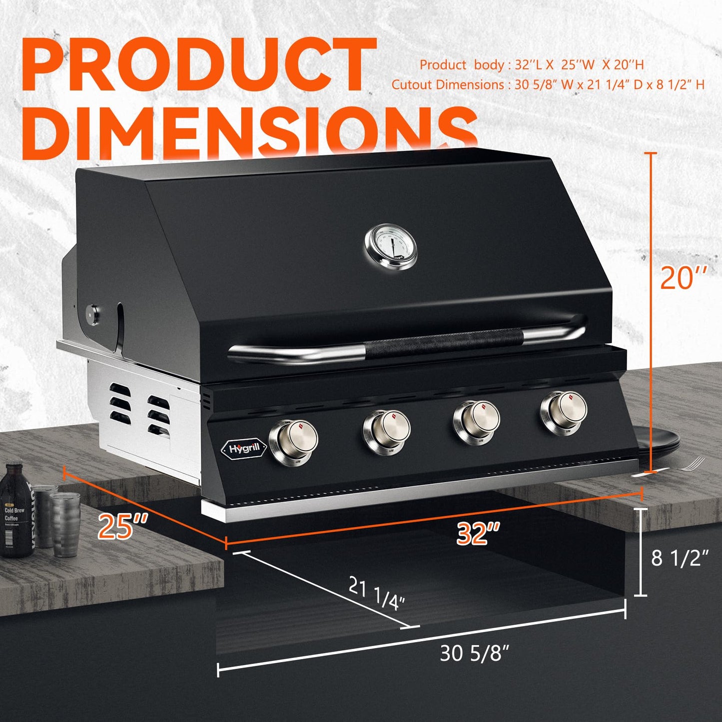Hygrill 32-Inch Built In Grill for Natural Gas, Stainless Steel Outdoor Kitchen 4-Burner Grill Head, Black