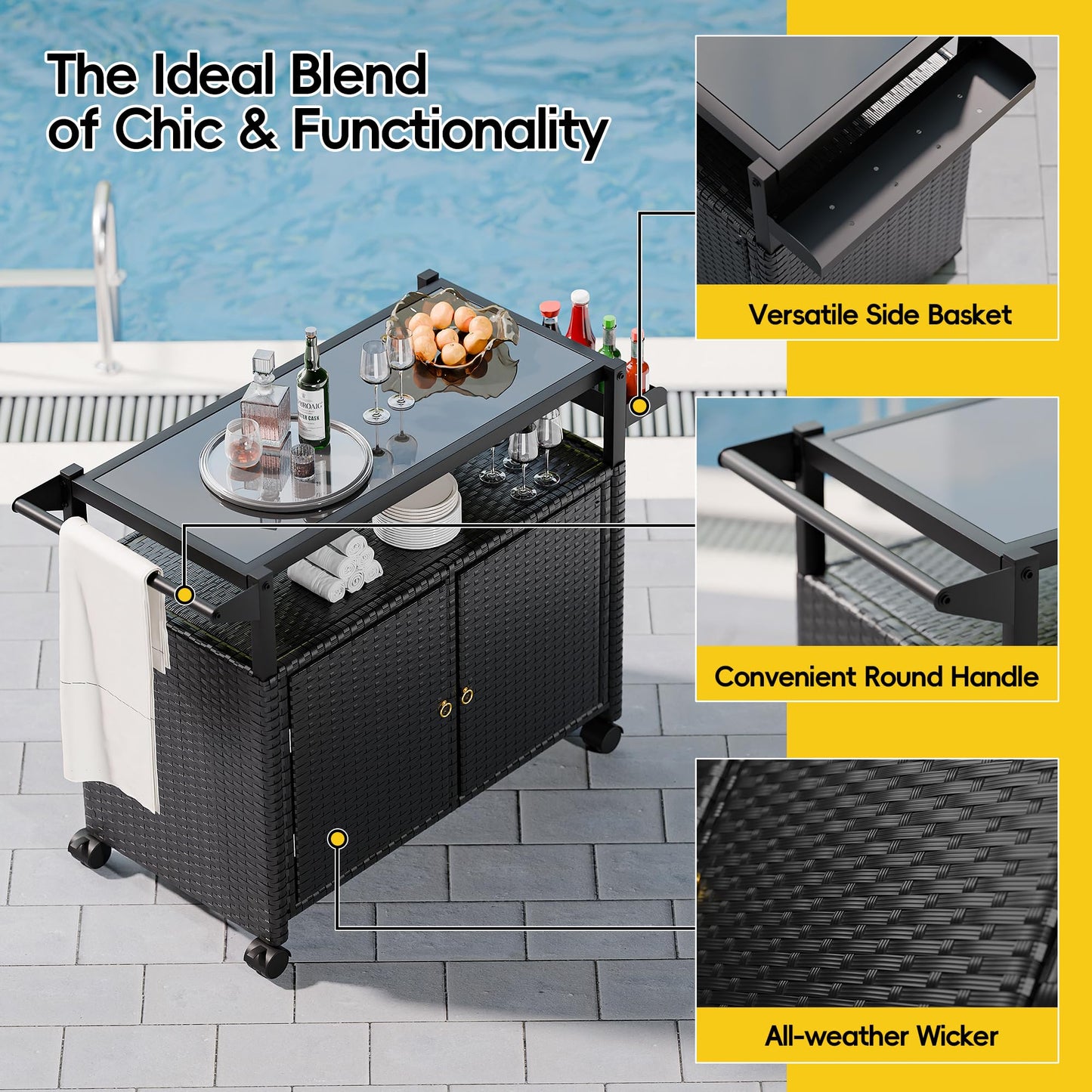 MU Outdoor Bar Cart with Storage and Wheels, Outdoor Bar Table with Tempered Glass Top & Shelf, Rolling Wicker Storage Cabinet with Rounded Handle & Side Basket for Backyard, Poolside, Garden, Black