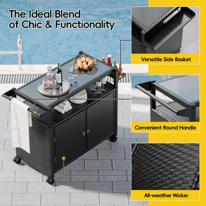 MU Outdoor Bar Cart with Storage and Wheels, Outdoor Bar Table with Tempered Glass Top & Shelf, Rolling Wicker Storage Cabinet with Rounded Handle & Side Basket for Backyard, Poolside, Garden, Black