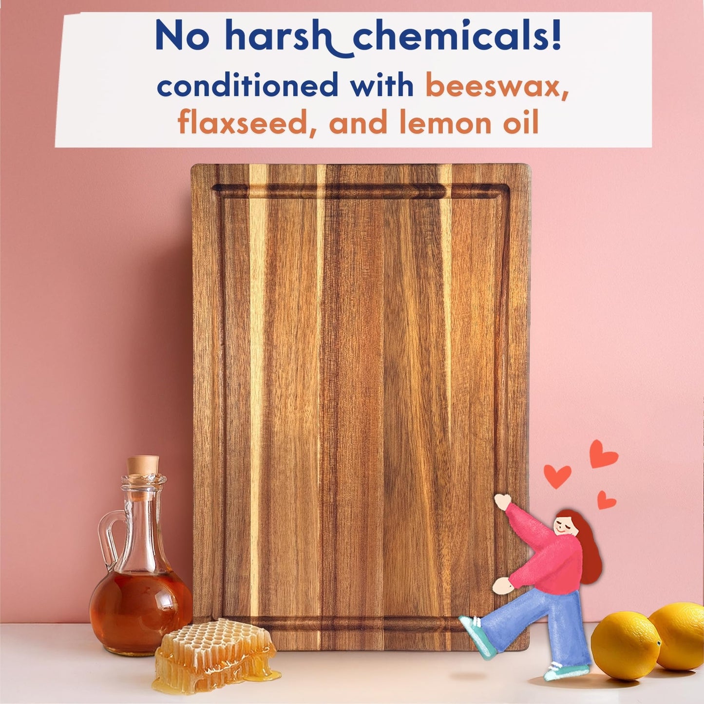Non Toxic Wood Cutting Board - Conditioned with Natural Beeswax Flaxseed & Lemon Oil - Free of Mineral Oil - Made of FSC Certified Acacia Wood - 16" x 11" Thick Cutting Board by Ziruma