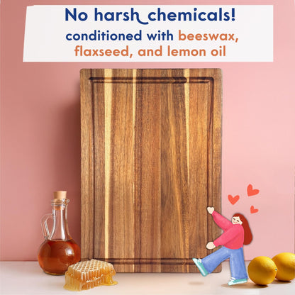 Non Toxic Wood Cutting Board - Conditioned with Natural Beeswax Flaxseed & Lemon Oil - Free of Mineral Oil - Made of FSC Certified Acacia Wood - 16" x 11" Thick Cutting Board by Ziruma