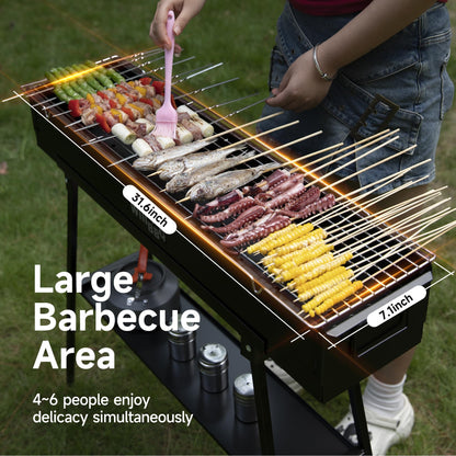 WILLBBQ Charcoal Grills Commercial Quality Portable Multiple Size Hibachi BBQ Lamb Skewer Folded Camping Barbecue Grill for Backyard Party Picnic Use(31.6x7.1x5.1 inch With Accessories),BLACK