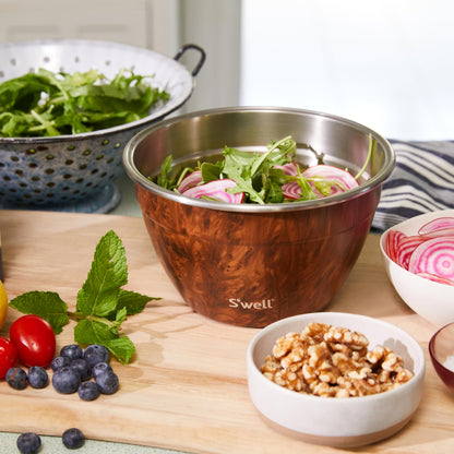 S'well Stainless Steel Salad Bowl Kit - 64oz, Teakwood - Comes with 2oz Condiment Container and Removable Tray for Organization - Leak-Proof, Easy to Clean, Dishwasher Safe