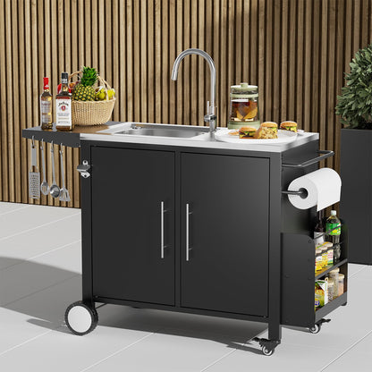 ROOMTEC Outdoor Grill Cart with Stainless Steel Sink, Rolling Metal Prep Table & Storage Cabinet, BBQ Kitchen Island for Patio or Garden