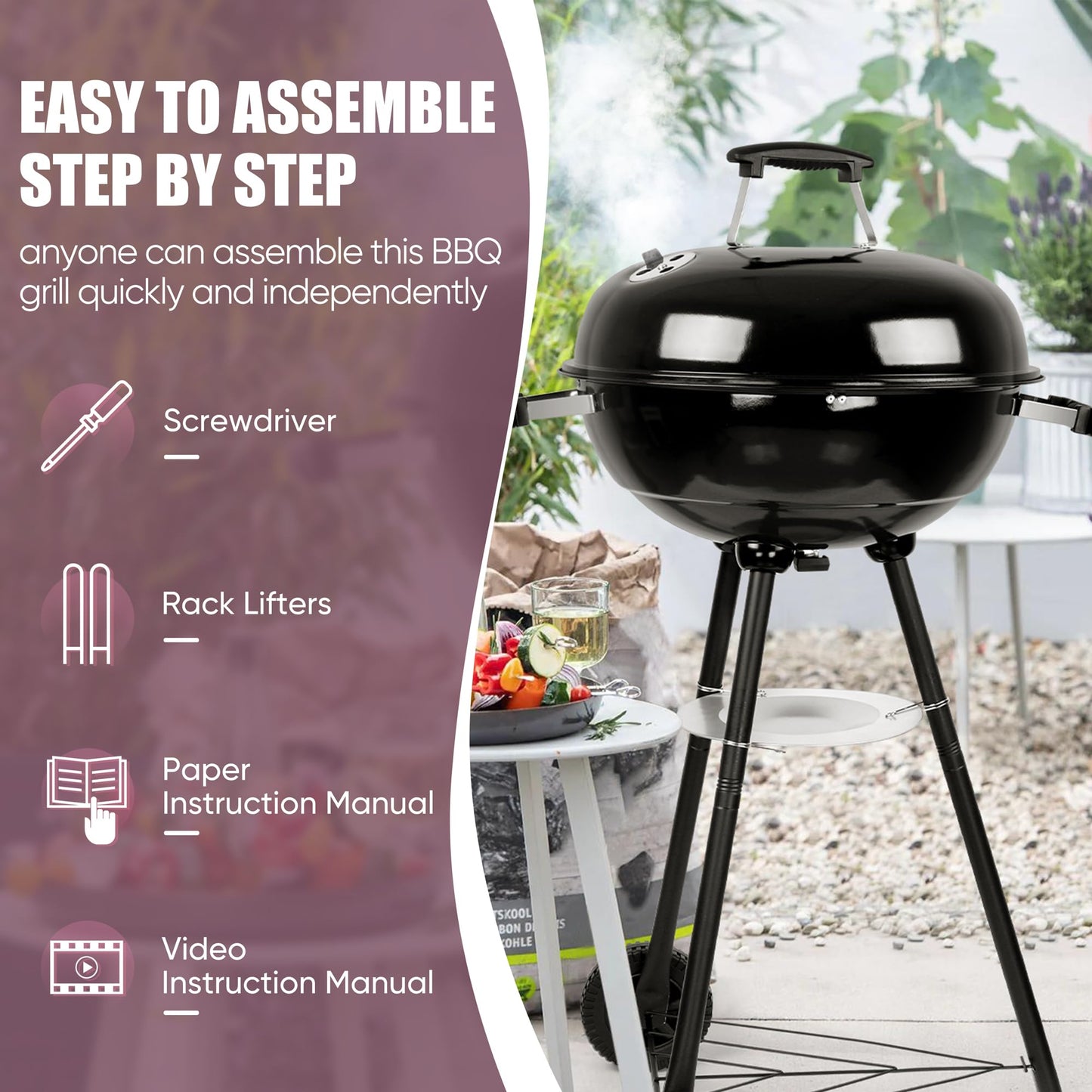 HaSteeL 18 Inch Charcoal Grill, 2-In-1 Kettle Outdoor Barbecue Grill, Portable Black BBQ Grill for Camping/Backyard/Patio/Picnic, Porcelain-Enameled Lid & Fire Bowl, 254.SQ.IN Cooking Area, 29Pcs