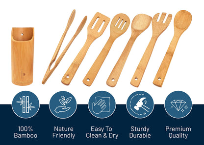 RoyalHouse Wooden Kitchen Utensils Set, 7 Piece Bamboo Cooking Tools and Holder Cooking Spoons and Spatulas, Kitchen Tools, Wood Tool Utensil Sets for Nonstick Pan and Cookware