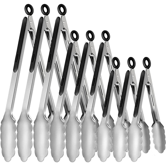 9 Pieces Stainless Steel Kitchen Tongs Grilling Locking Cooking Tongs Non-Slip Metal Food Tongs for Cooking, Salad and BBQ, 7, 9 and 12 Inch - CookCave