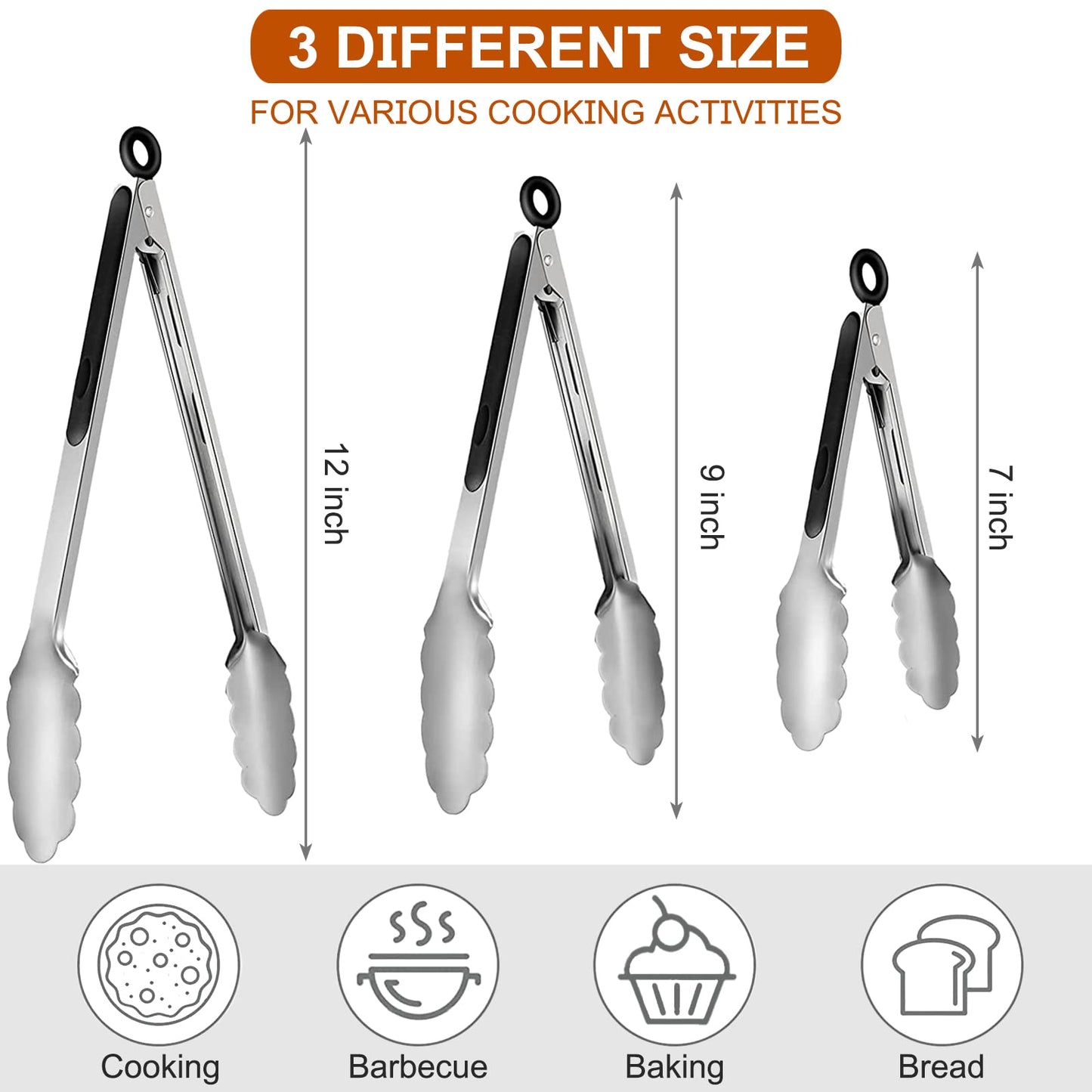 9 Pieces Stainless Steel Kitchen Tongs Grilling Locking Cooking Tongs Non-Slip Metal Food Tongs for Cooking, Salad and BBQ, 7, 9 and 12 Inch - CookCave