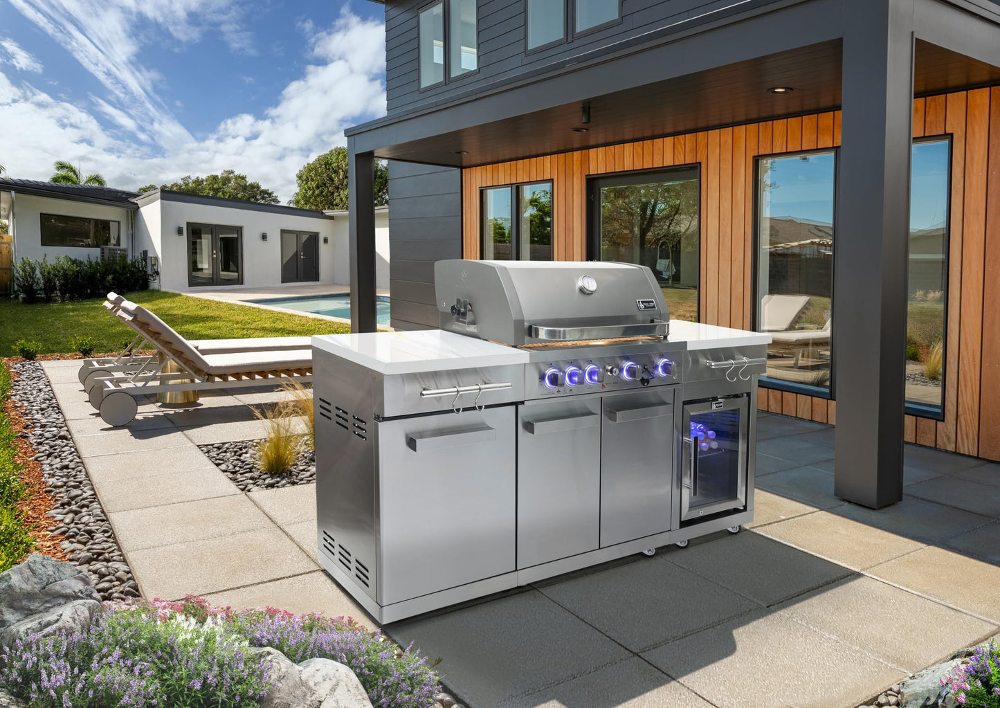 Mont Alpi MA957FC-RS 5-Burner 63000 BTU Stainless Steel Compact Outdoor Kitchen Gas Barbecue Island Grill with Infrared Rear Burner + Fridge Cabinet + Rotisserie Kit & Full Weather Cover