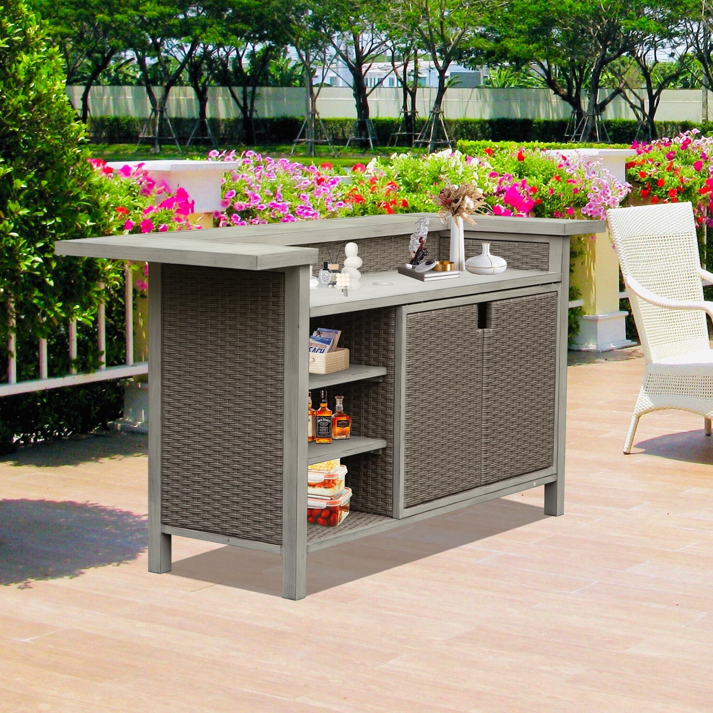 Domi Patio Bar Table, Outdoor Aluminum PE Wicker Bar Cart with Cabinet, All Weather Use Storage Patio Cabinet for Patio Kitchen or Bar Cart, Wood Grain