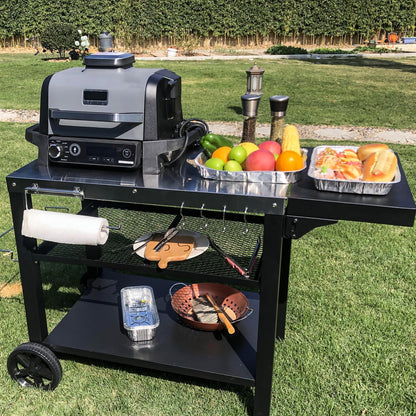 Outdoor Kitchen Island, Grill Table Cart with Drawer, Pizza Oven Stand, Movable 3-Shelf Prep Table with Side Table for Ninja Woodfire, Ooni Pizza Oven, Blackstone Griddle, Cuisinart, Cooking Station