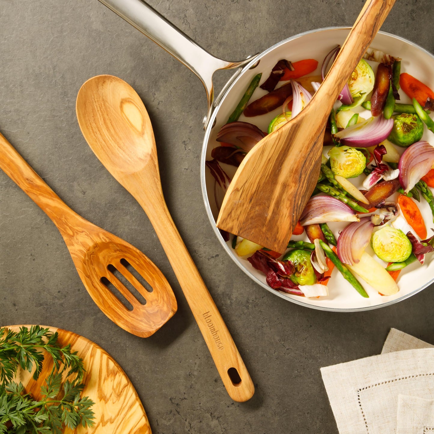Bloomhouse Italian Olive Wood 3 Piece Extra-Large 14 Inch Turner, Spoon, and Slotted Spoon Set